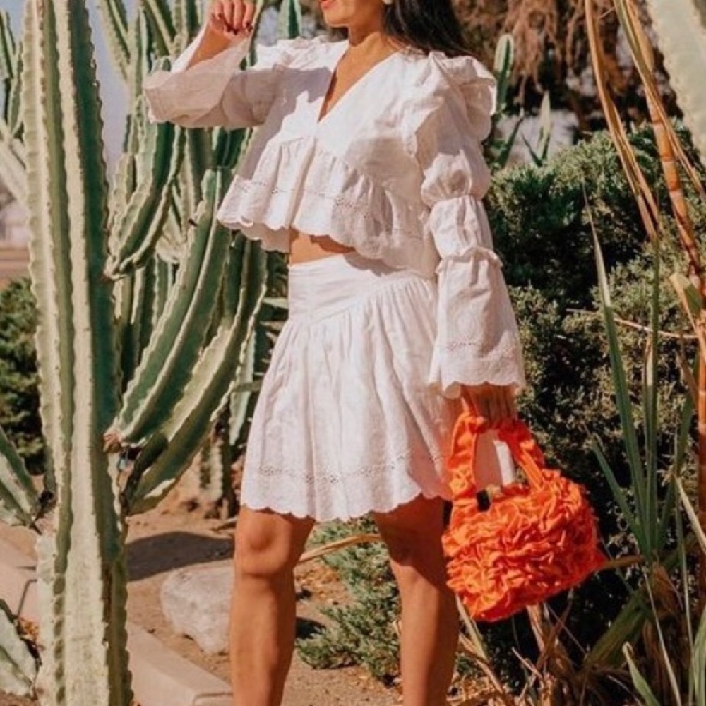 French Ivory Embroidered Two Style Removable Sleeve Linen Top And Mini Skirt